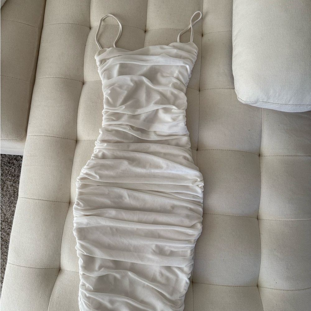Oh Polly White Ruched Bodycon Dress Spaghetti Strap